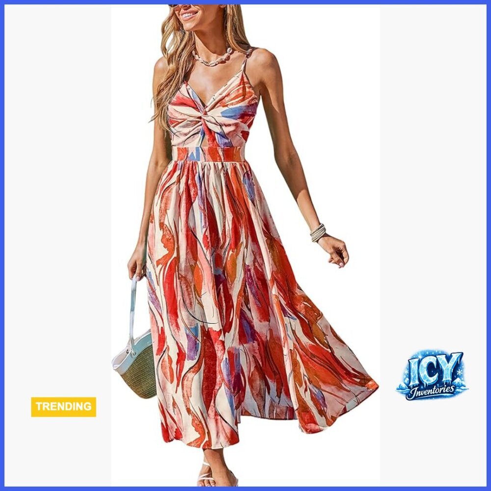 Polyester Midi Dress with Spaghetti Straps Self Tie Back Side Slit